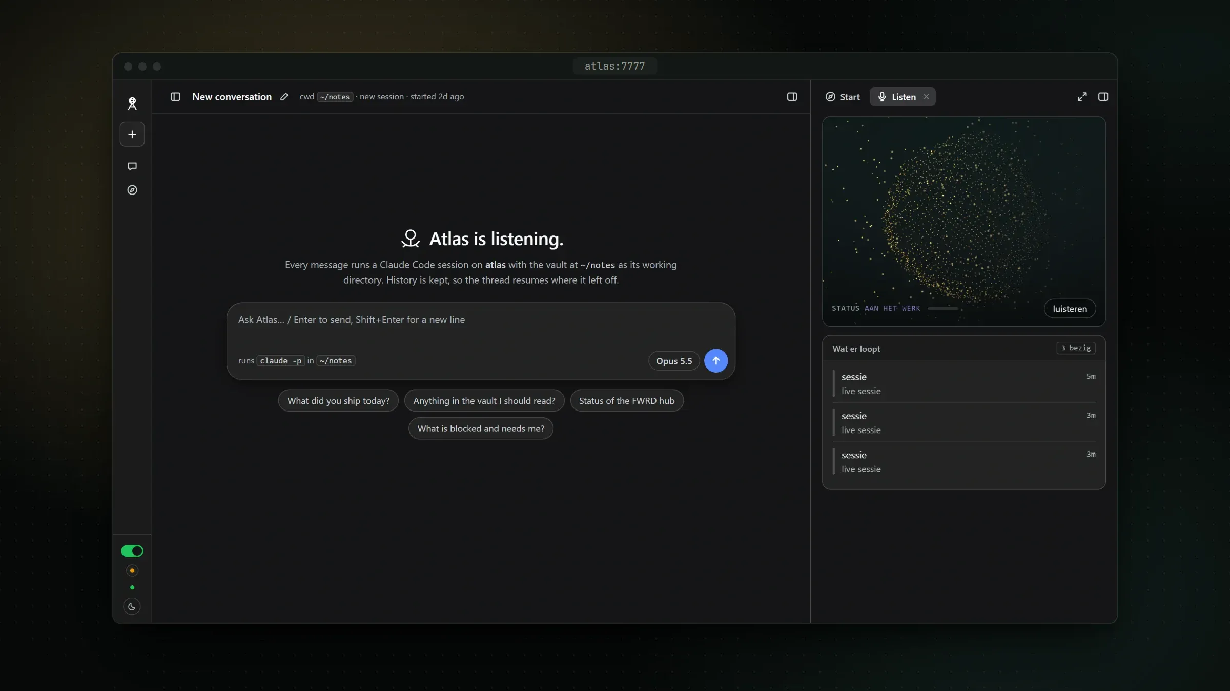 The Atlas Hub in a browser window on a dark backdrop: the empty conversation with 'Atlas is listening.', a message composer and four starter questions, and on the right the golden point-cloud orb above a list of three live sessions