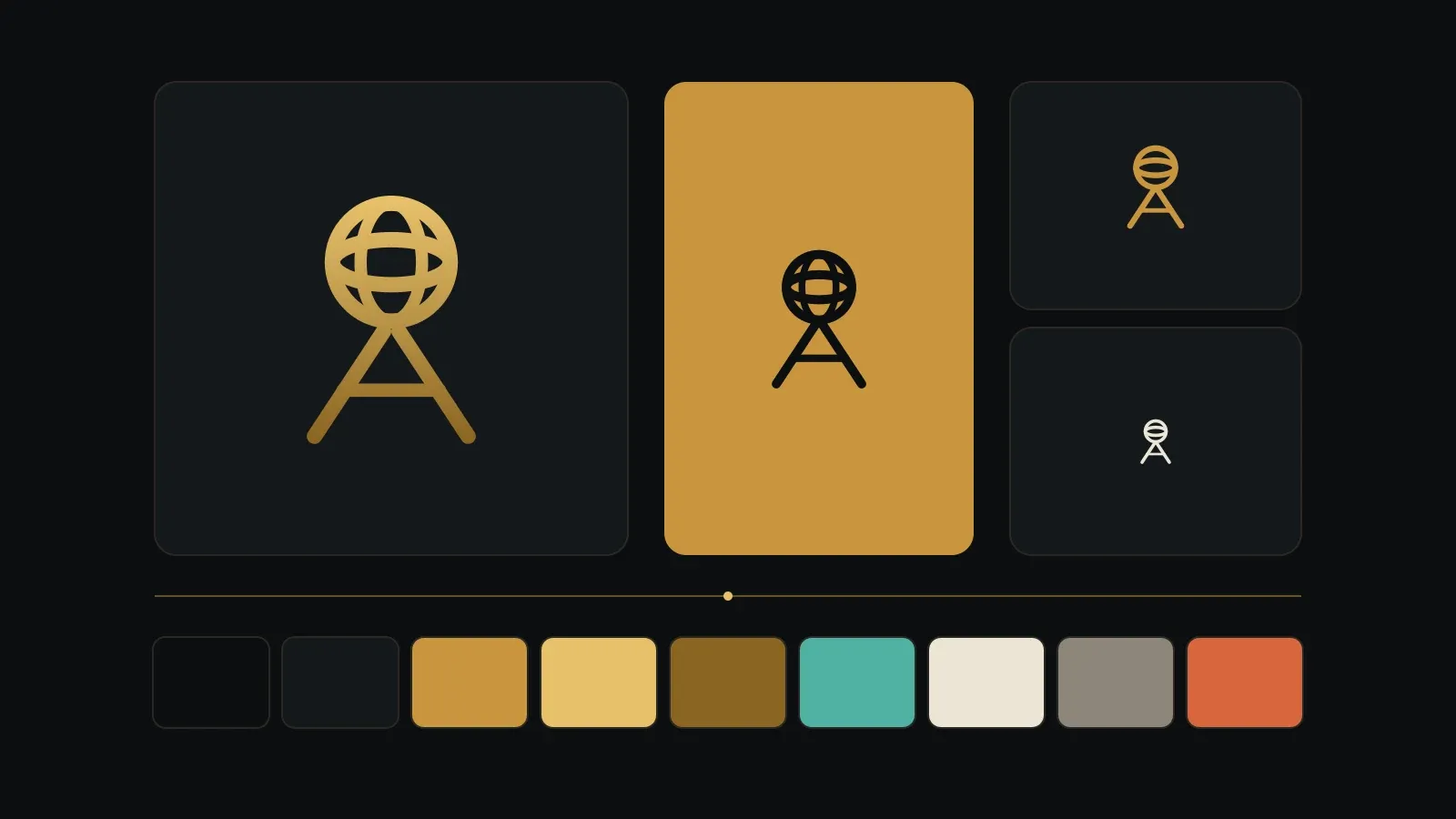 The Atlas mark, an armillary sphere on an A-frame, in brass gradient, dark-on-brass, small and favicon sizes, above a row of palette swatches from near-black through brass and patina teal to rust