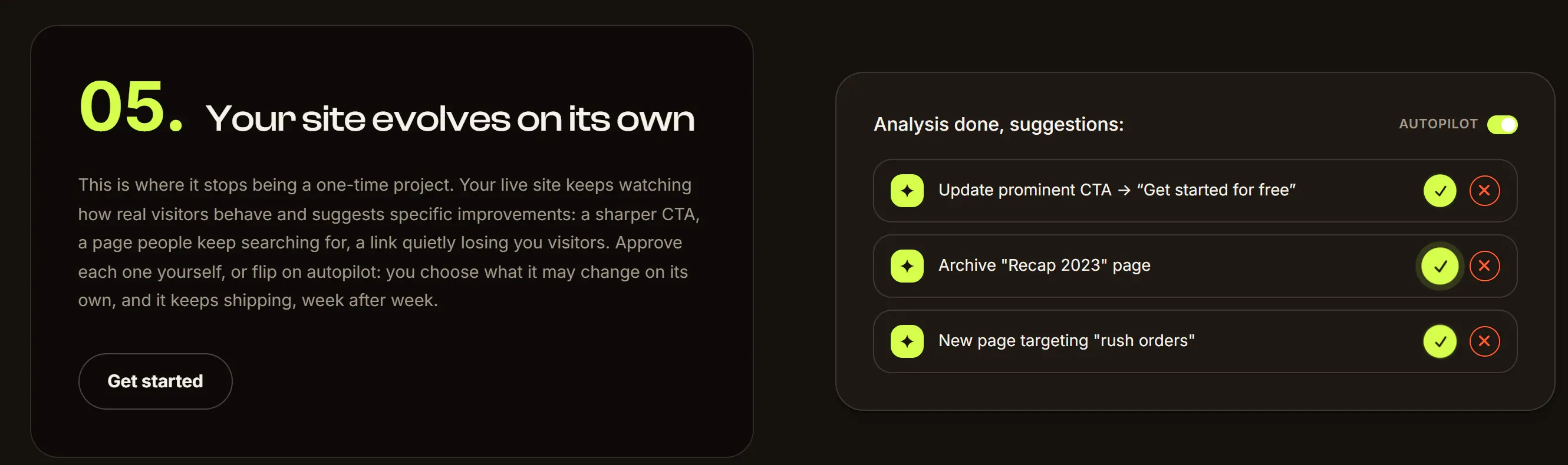 Step 05 ‘Your site evolves on its own’ next to a suggestions panel with an autopilot toggle and three approvable suggestions