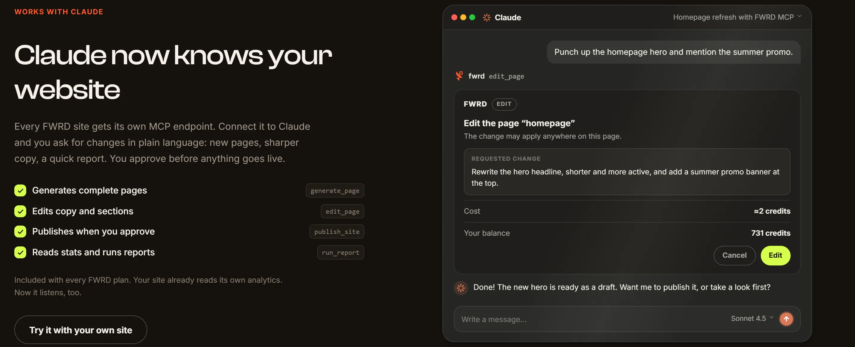 Section ‘Claude now knows your website’ listing generate_page, edit_page, publish_site and run_report beside a Claude chat showing a costed edit_page card