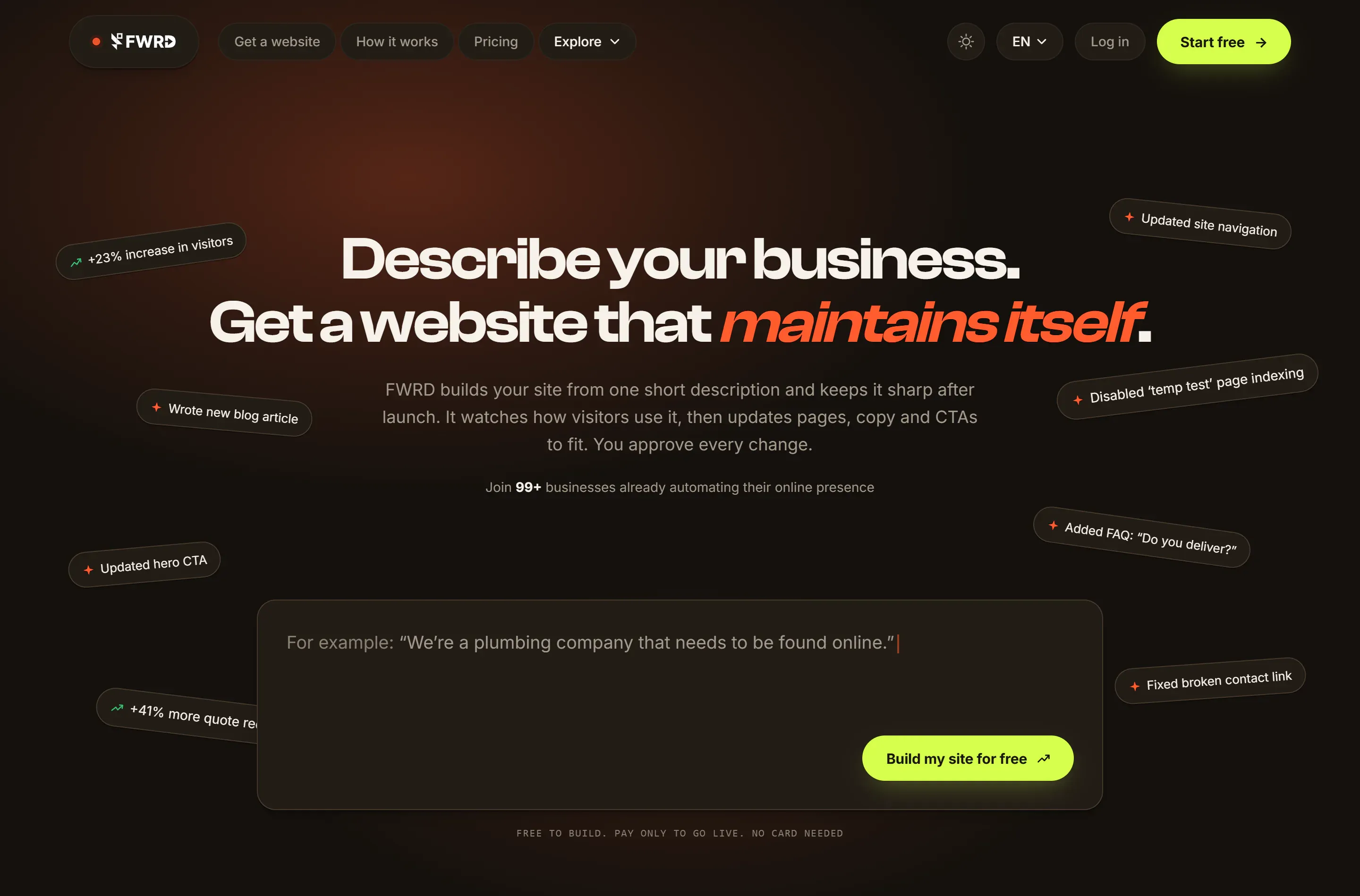 FWRD homepage hero reading ‘Describe your business. Get a website that maintains itself.’ above a prompt box with a ‘Build my site for free’ button